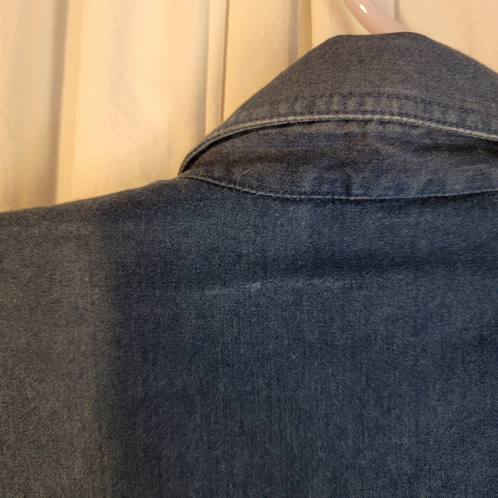 Embroidered Denim Button-Up Shirt Jacket With Subtle Rhinestones - Picture 13 of 16